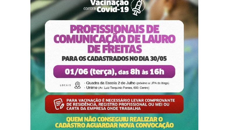 Lauro de Freitas: Prefeitura vacina profissionais de imprensa nesta terça-feira