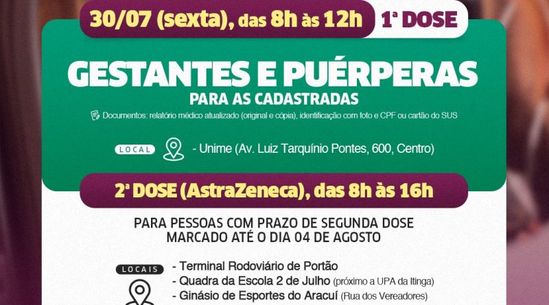 Lauro de Freitas: Prefeitura dá sequência à vacinação contra a Covid-19 para grávidas e puérperas nesta sexta-feira (30)