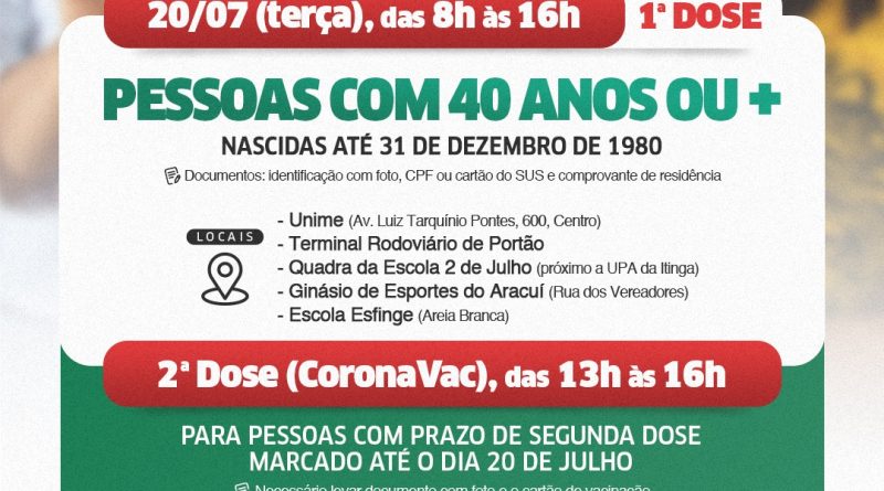 Lauro de Freitas: Prefeitura vacina pessoas com 40 anos ou mais