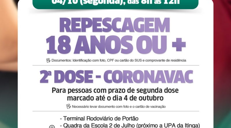 Lauro de Freitas: Município promove repescagem da vacina contra a Covid-19 e aplica segunda dose nesta segunda-feira (04)