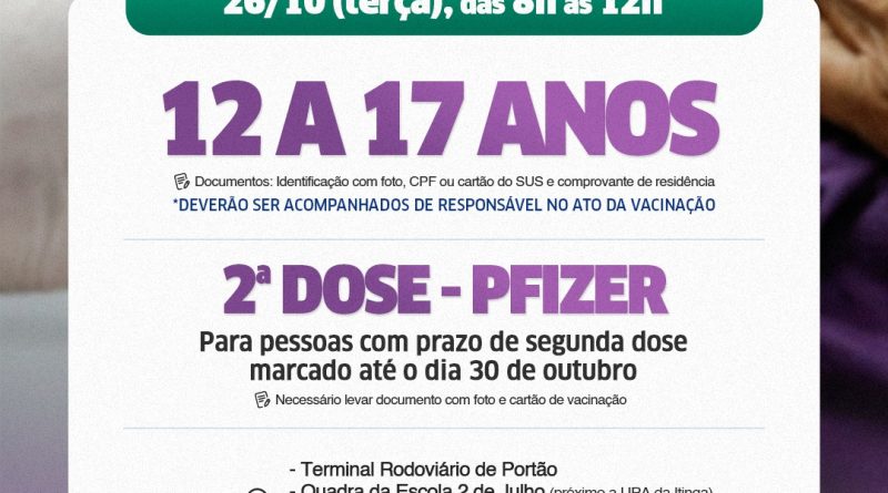 Covid-19: Lauro de Freitas aplica 2ª dose da Pfizer e 1ª dose em jovens de 12 a 17 anos nesta terça-feira (26)