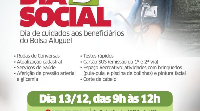 Durante a ação, que será realizada até às 12h, será oferecida uma série de serviços da rede socioassistencial do município, atividades recreativas e serviços de saúde, como aferição de pressão arterial, glicemia e testes rápidos. Além da diversão garantida para a criançada, com pula-pula, piscina de bolinhas e pintura facial, no Dia D Social também serão realizadas rodas de conversas com representantes de diversos equipamentos da rede de assistência social, a exemplo do CRAS, CREAS, e departamentos que compõem a estrutura da SEMDESC. Também estarão disponíveis os serviços para atualização cadastral do CadÚnico e emissão de 1ª e 2ª via do cartão do SUS. Bolsa Aluguel Criado pela Prefeitura de Lauro de Freitas em junho de 2005, o Programa Bolsa Aluguel já atendeu a mais de 15 mil pessoas no município. O aluguel social é pago para famílias que, por algum motivo, tiveram de sair de suas casas, a exemplo de famílias que moravam em áreas de risco, mulheres que sofrem violência doméstica ou pessoas em situação de rua.