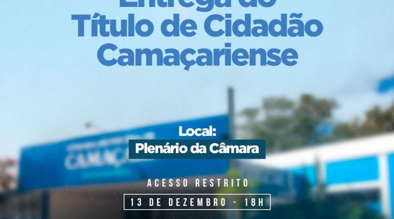 A Câmara Municipal de Camaçari realiza, na segunda-feira (13/12), às 18h, no Plenário Osvaldo Nogueira, a segunda Sessão Especial destinada à entrega do Título de Cidadão de Camaçari a personalidades indicadas por parlamentares da Casa.