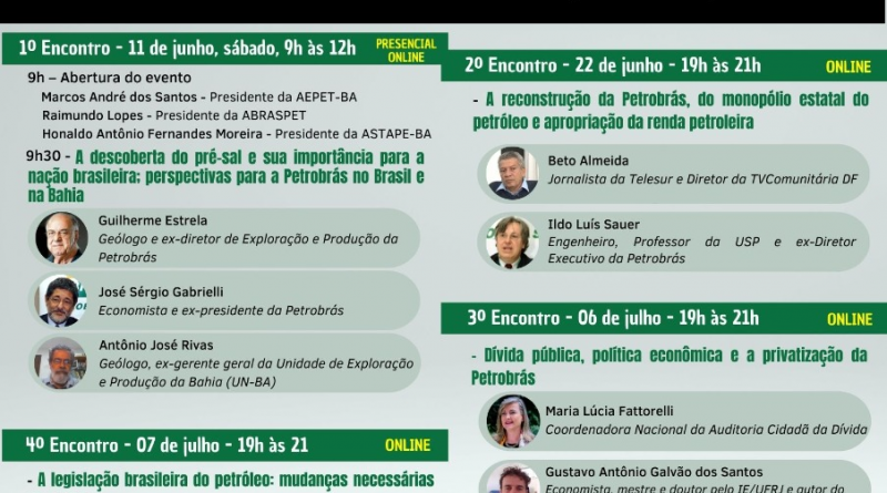 O Seminário éconstituído por cinco palestras, para as quais foram convidados especialistas e também pessoas de renomado conhecimento na área de petróleo e gás.