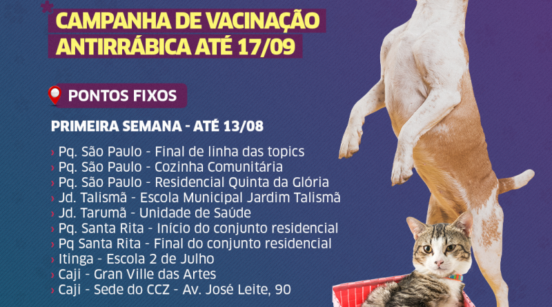 A Campanha de Vacinação Antirrábica para cães e gatos segue até o dia 17 de setembro em Lauro de Freitas. O atendimento é de segunda a sexta-feira,