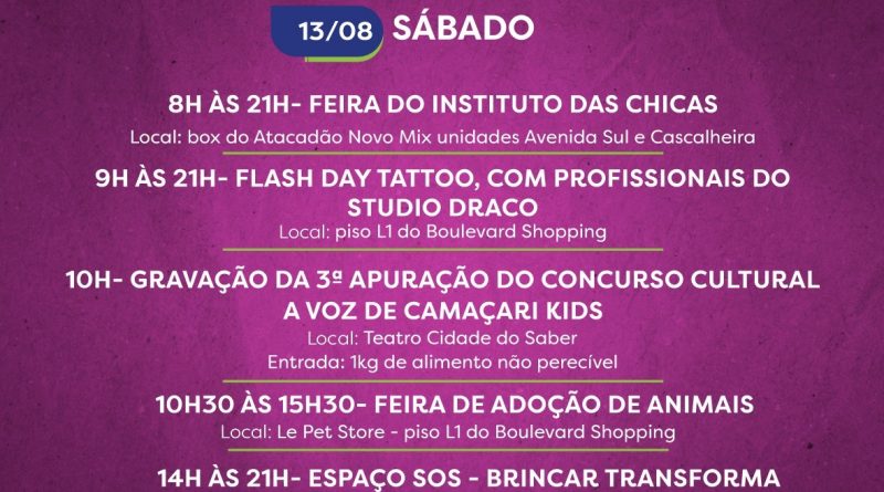 Atrações diversificadas animam a Agenda Cultural desta semana. Na quarta (10/8) e terça-feira (16/8), acontece o Bazar Beneficente da Escola Infantil